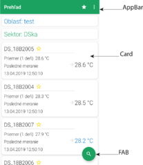 Material Design komponenty použité v aplikácii: Snackbar (aktivita Login), AppBar, Card a FAB (aktivita Dashboard)