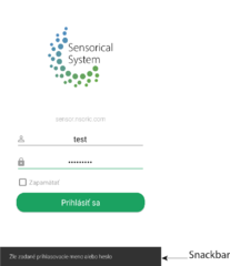 Material Design komponenty použité v aplikácii: Snackbar (aktivita Login), AppBar, Card a FAB (aktivita Dashboard)