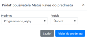 Formulár pre pridanie používateľa do predmetu